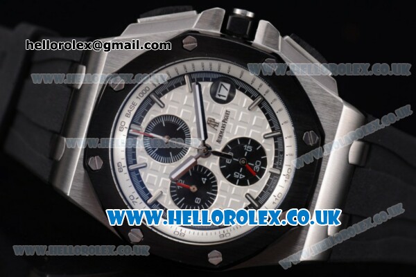 Audemars Piguet Royal Oak Offshore Chrono Miyota OS Quartz Steel Case with White Dial Black Rubber Strap and Stick Markers (EF) - Click Image to Close
